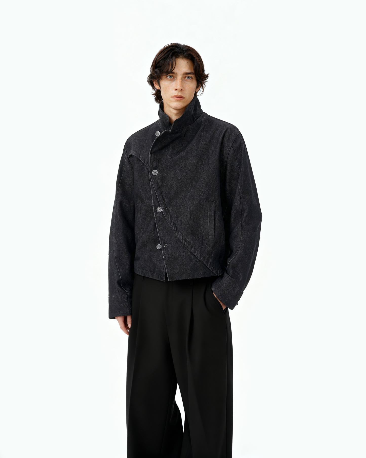 Overlap Asymmetric Button Stand Collar Denim Jacket