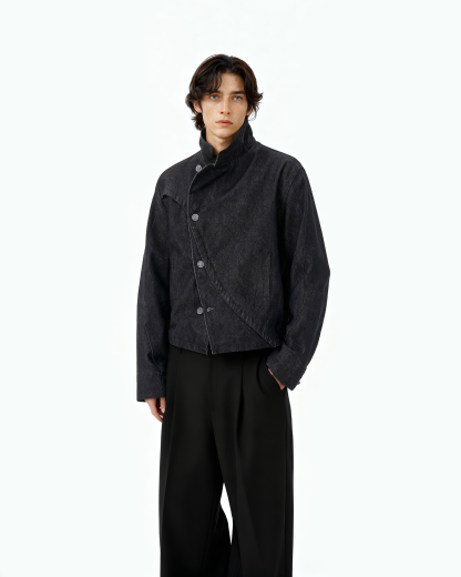 Overlap Asymmetric Button Stand Collar Denim Jacket