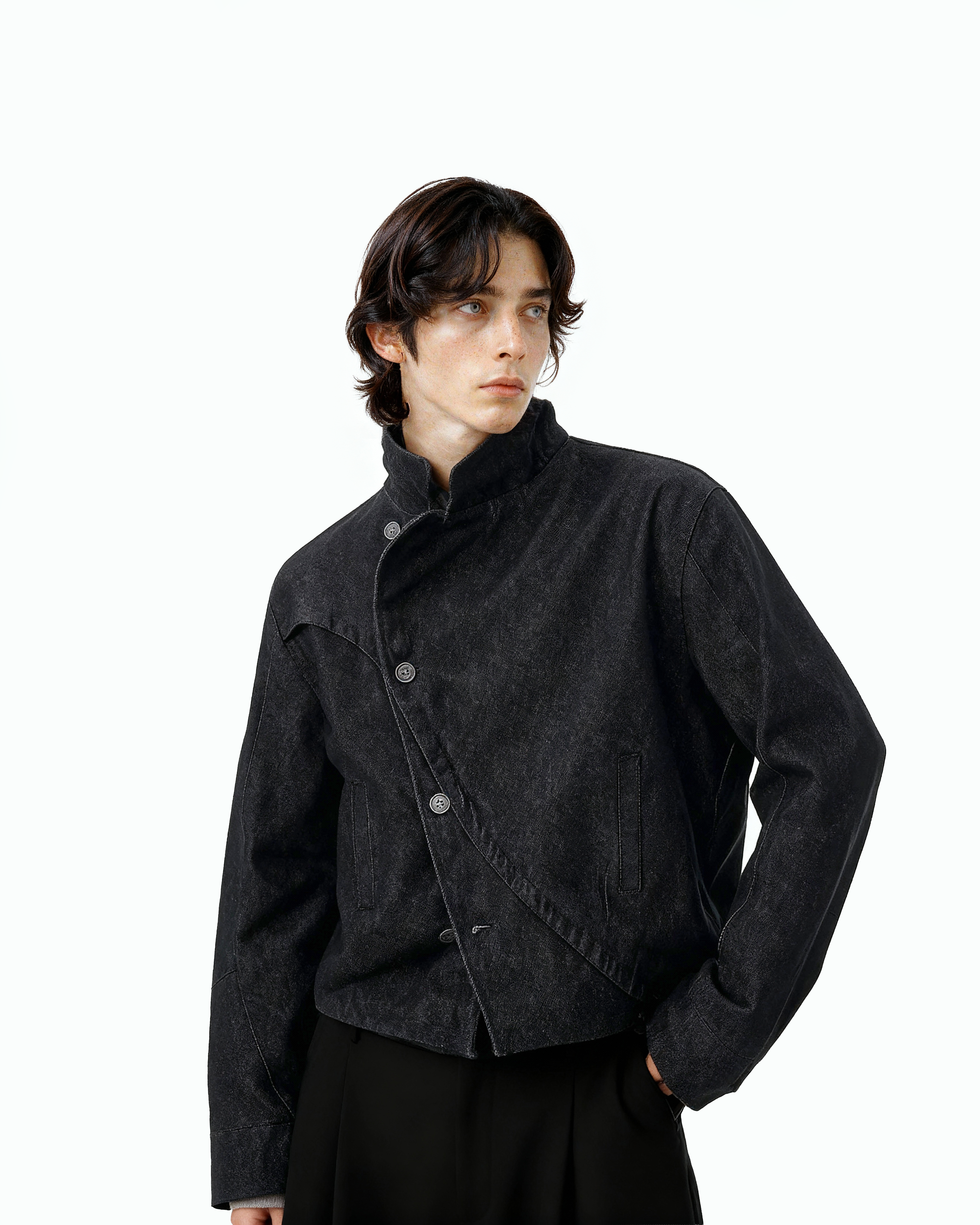 Overlap Asymmetric Button Stand Collar Denim Jacket