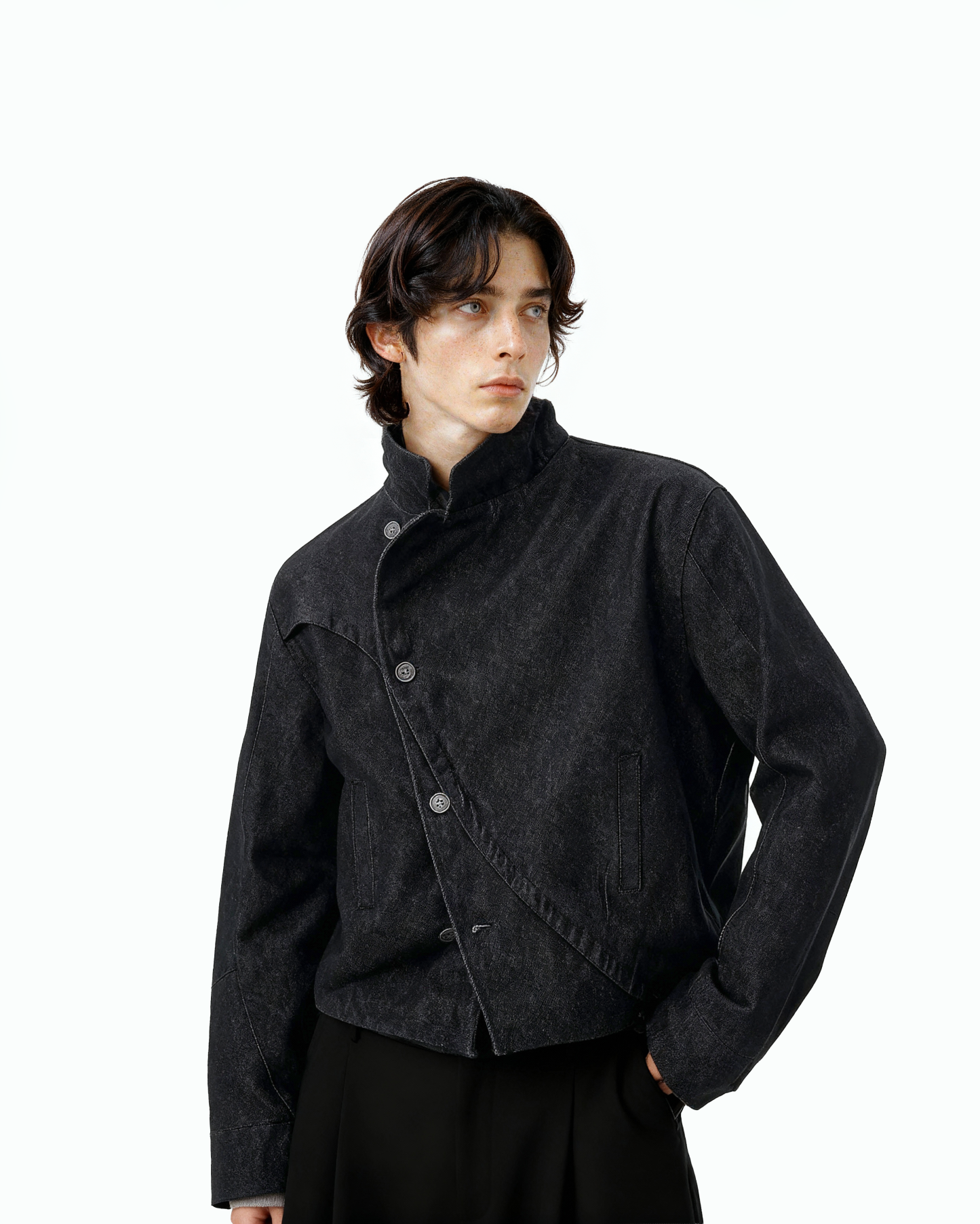 Overlap Asymmetric Button Stand Collar Denim Jacket