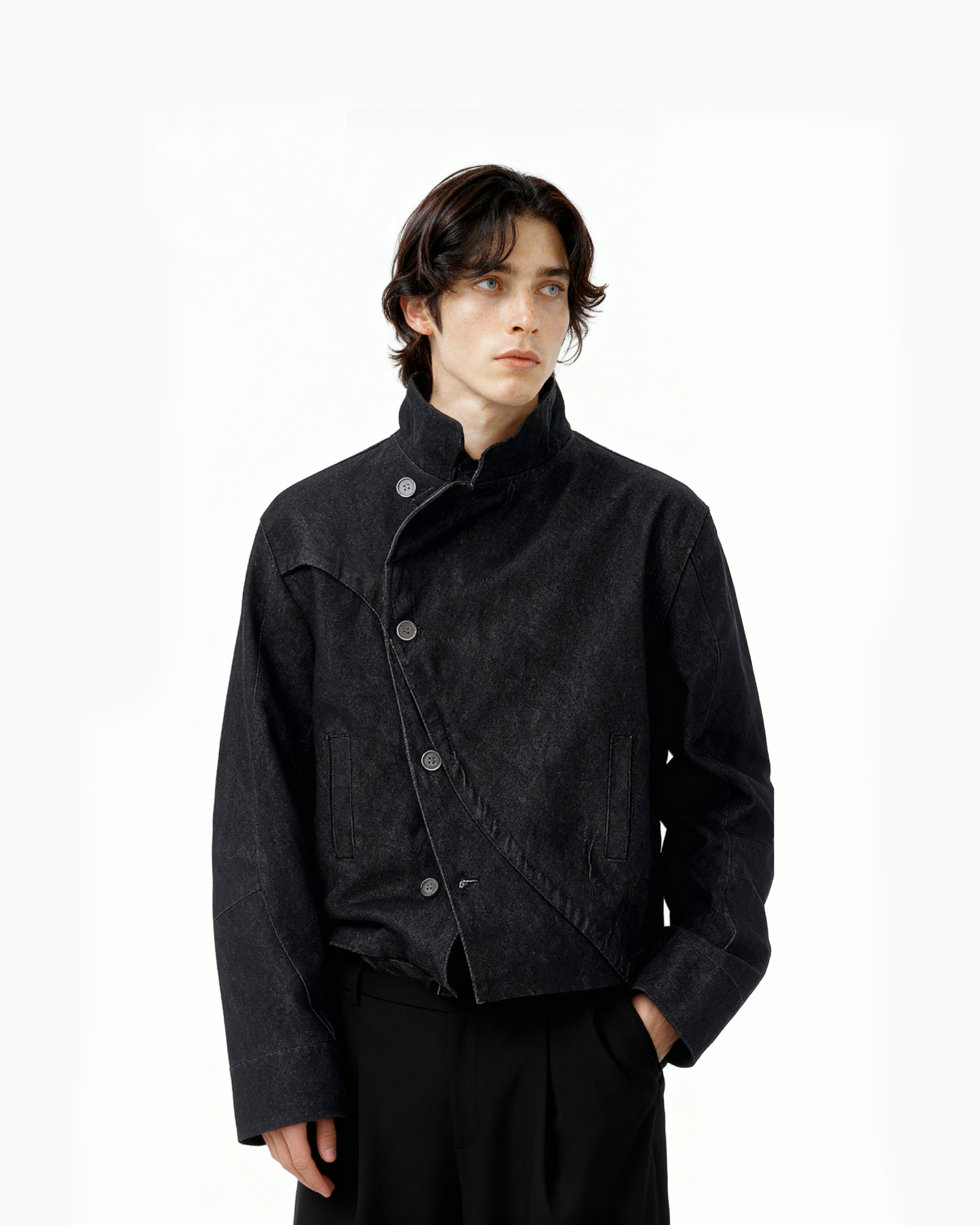 Overlap Asymmetric Button Stand Collar Denim Jacket