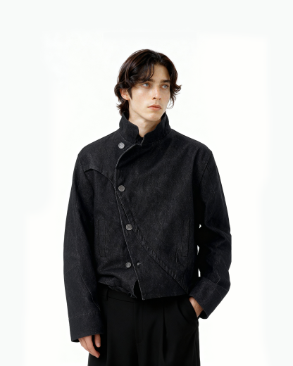 Overlap Asymmetric Button Stand Collar Denim Jacket