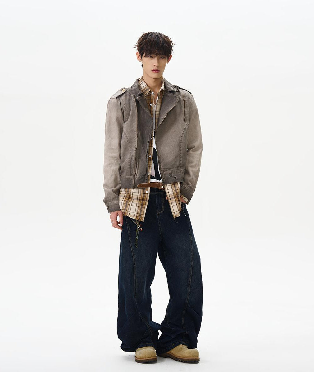 Gradient-Wash Faded Denim Biker Jacket