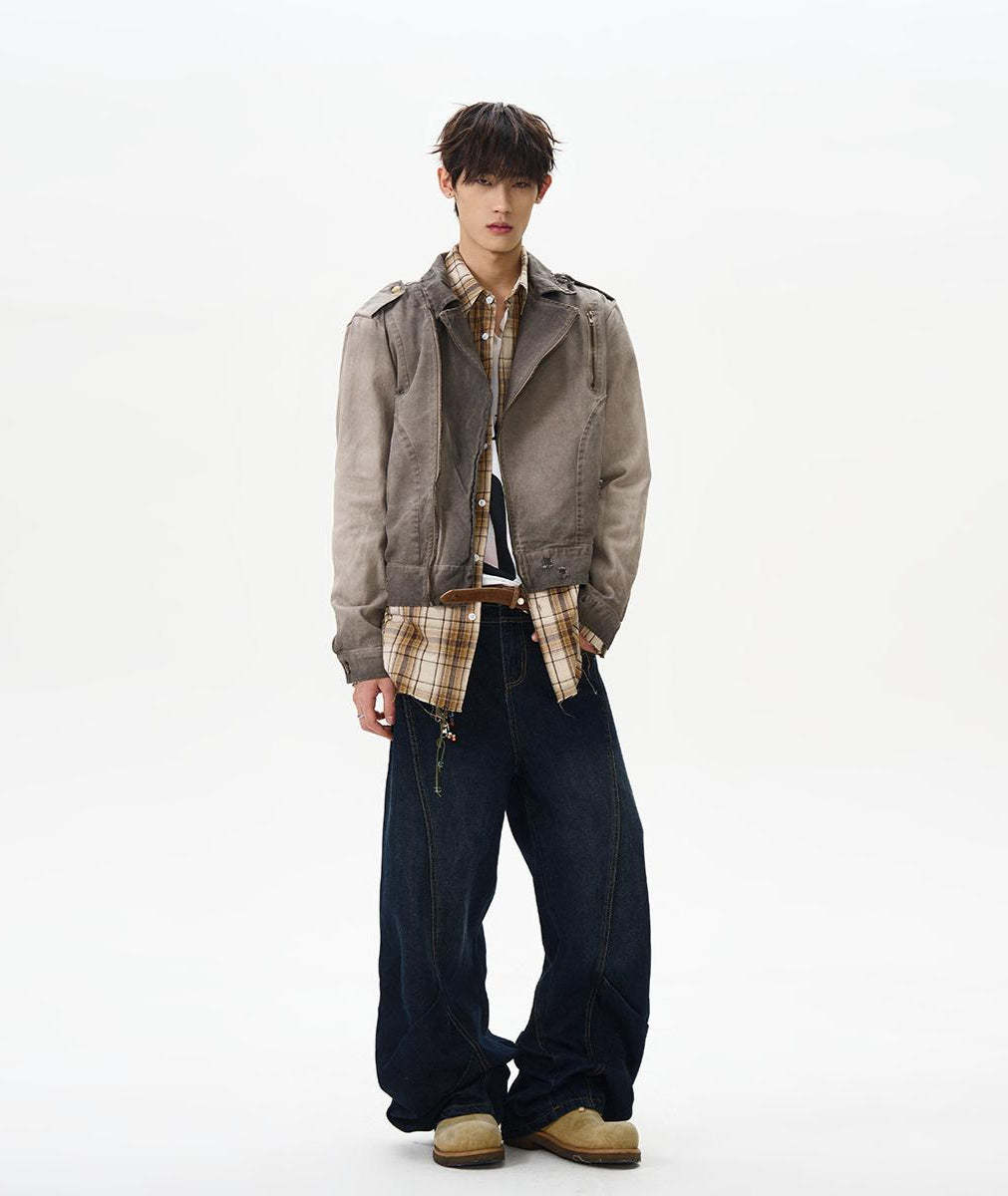 Gradient-Wash Faded Denim Biker Jacket