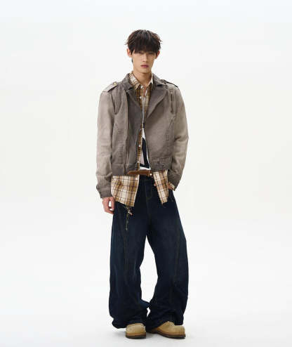 Gradient-Wash Faded Denim Biker Jacket