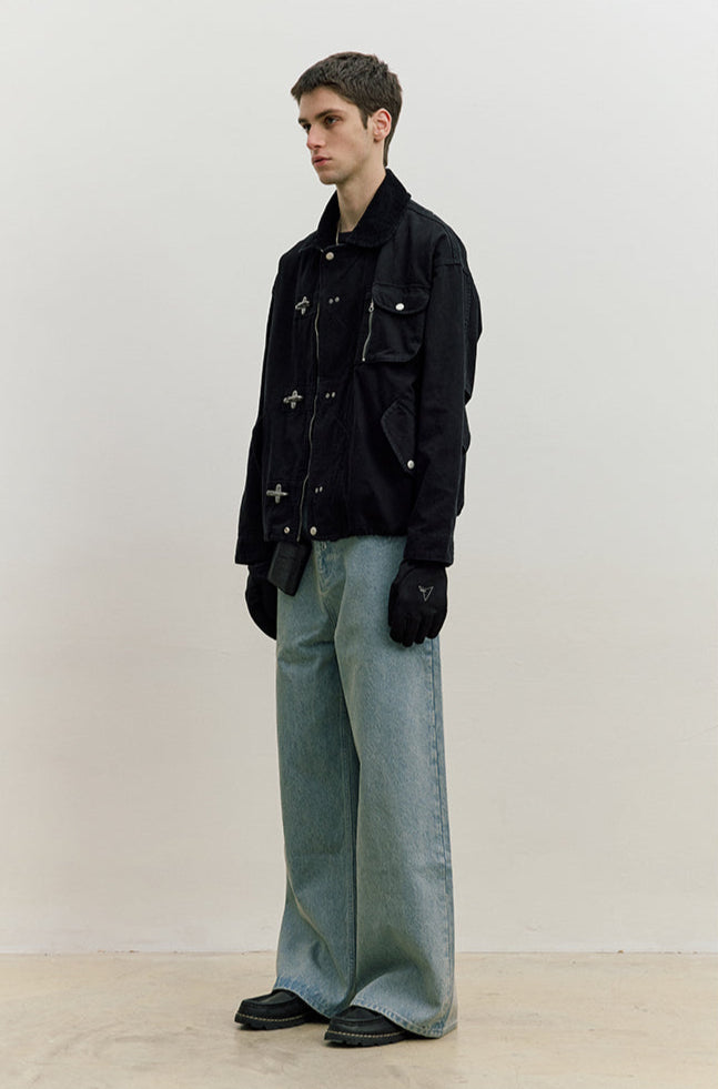 Fireman Clasp Worker Denim Jacket with Patch Pockets