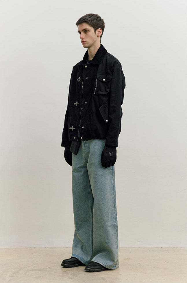 Fireman Clasp Worker Denim Jacket with Patch Pockets