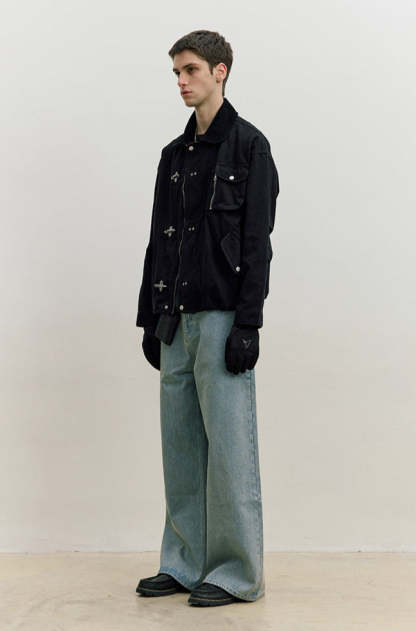 Fireman Clasp Worker Denim Jacket with Patch Pockets