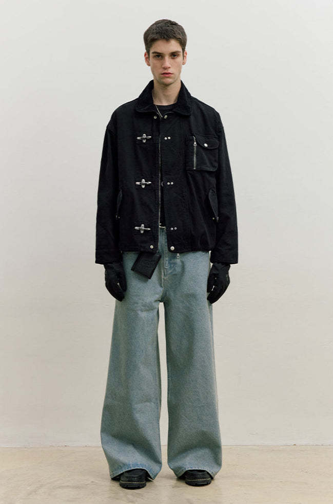 Fireman Clasp Worker Denim Jacket with Patch Pockets