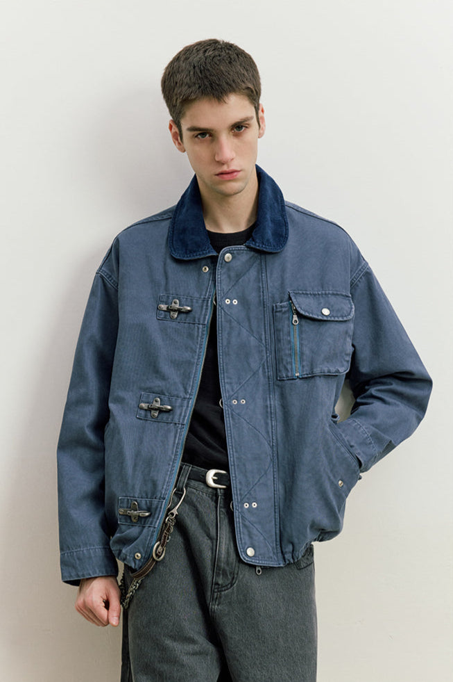 Fireman Clasp Worker Denim Jacket with Patch Pockets