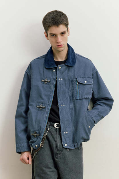 Fireman Clasp Worker Denim Jacket with Patch Pockets