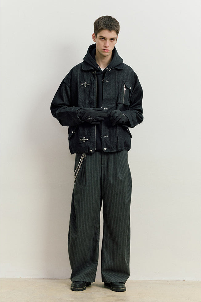 Fireman Clasp Worker Denim Jacket with Patch Pockets