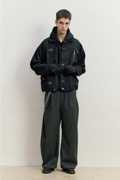 Fireman Clasp Worker Denim Jacket with Patch Pockets