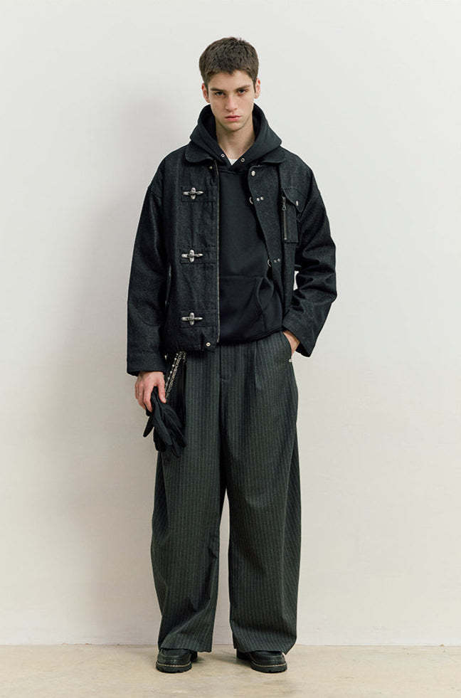 Fireman Clasp Worker Denim Jacket with Patch Pockets