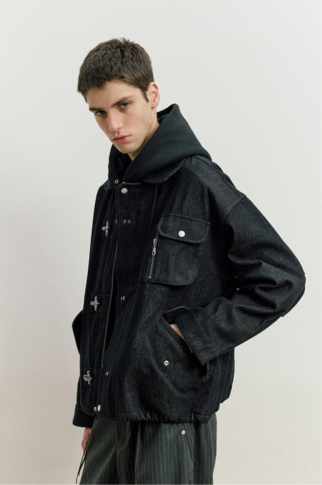 Fireman Clasp Worker Denim Jacket with Patch Pockets