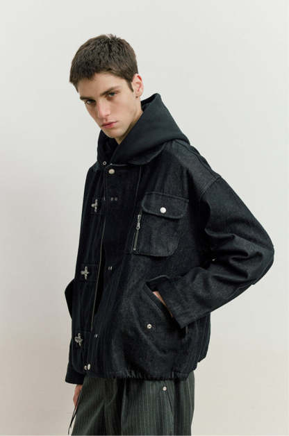 Fireman Clasp Worker Denim Jacket with Patch Pockets