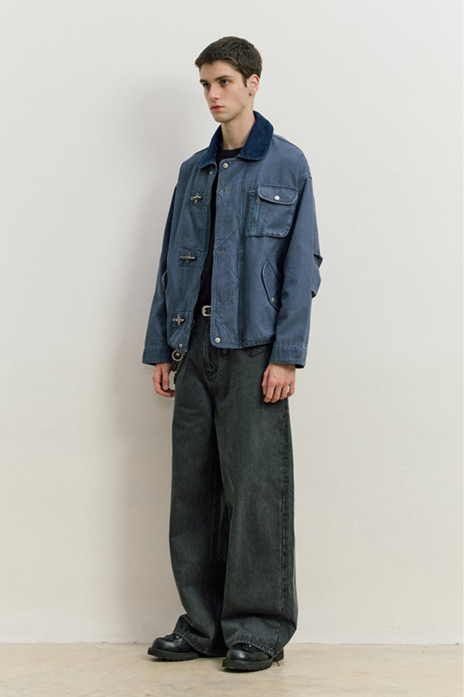 Fireman Clasp Worker Denim Jacket with Patch Pockets