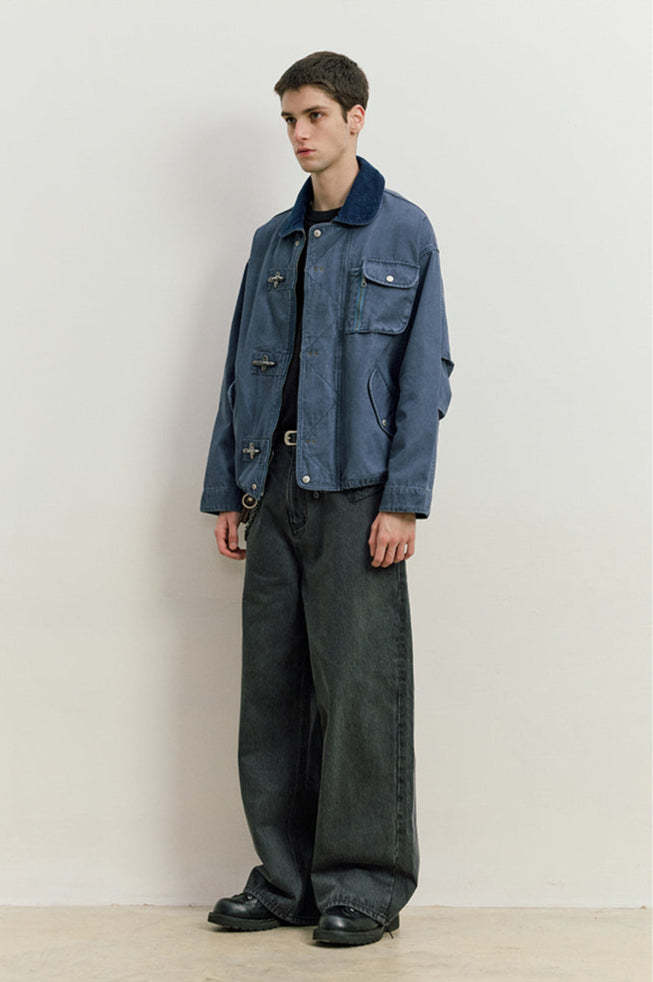 Fireman Clasp Worker Denim Jacket with Patch Pockets