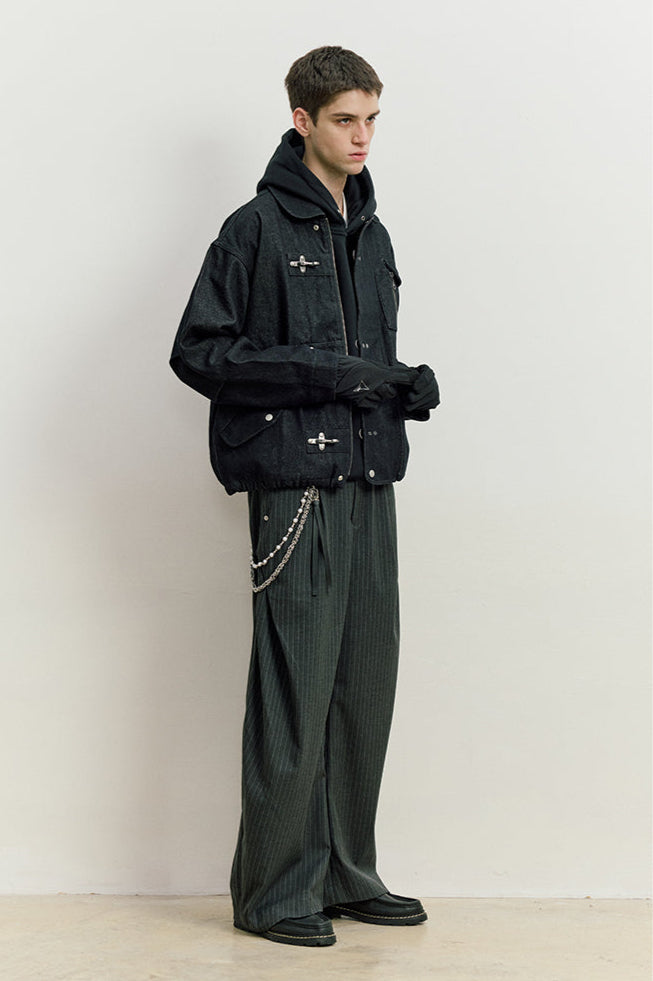 Fireman Clasp Worker Denim Jacket with Patch Pockets