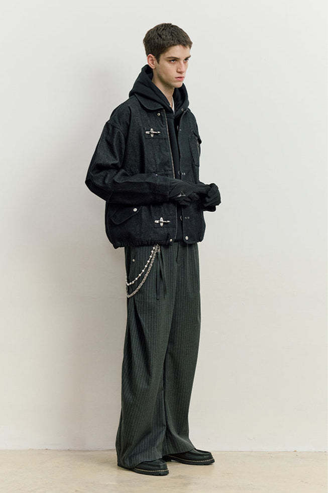 Fireman Clasp Worker Denim Jacket with Patch Pockets