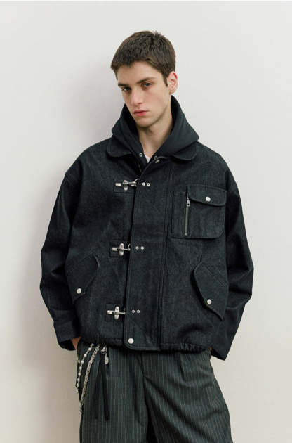 Fireman Clasp Worker Denim Jacket with Patch Pockets