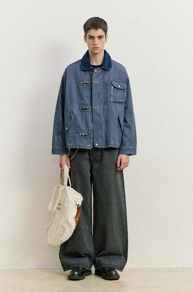 Fireman Clasp Worker Denim Jacket with Patch Pockets