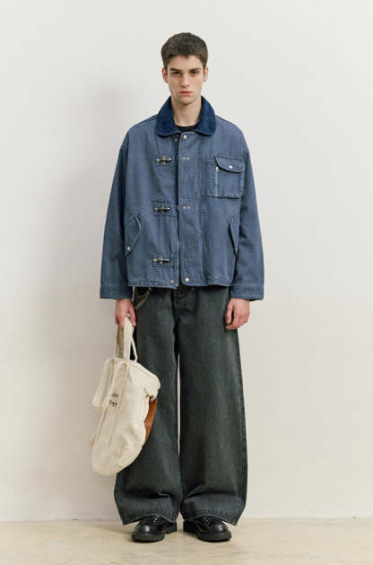 Fireman Clasp Worker Denim Jacket with Patch Pockets