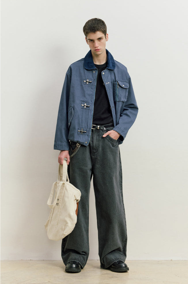 Fireman Clasp Worker Denim Jacket with Patch Pockets