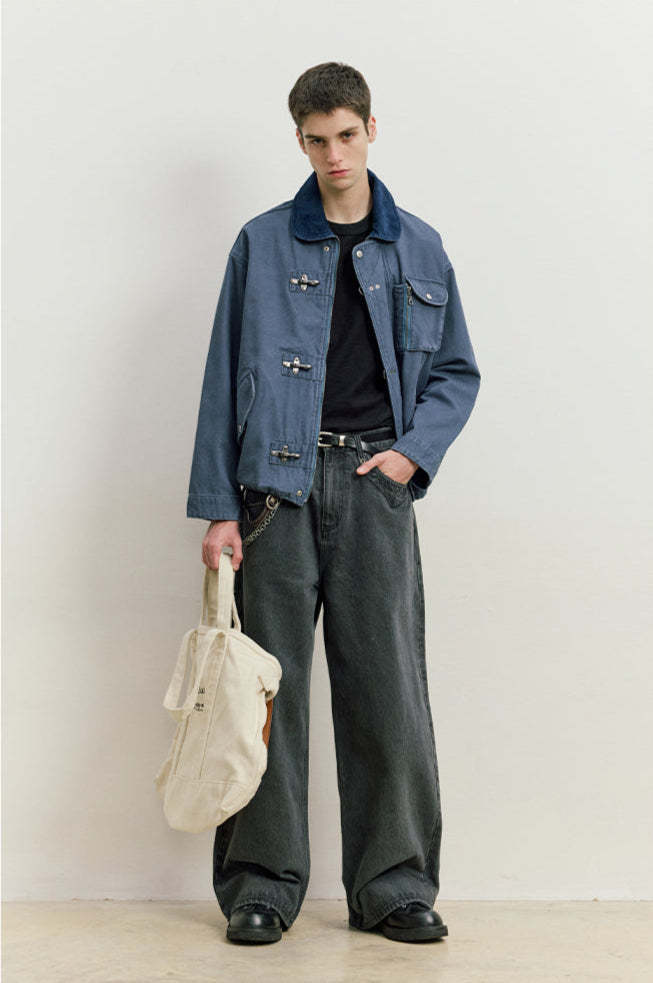 Fireman Clasp Worker Denim Jacket with Patch Pockets