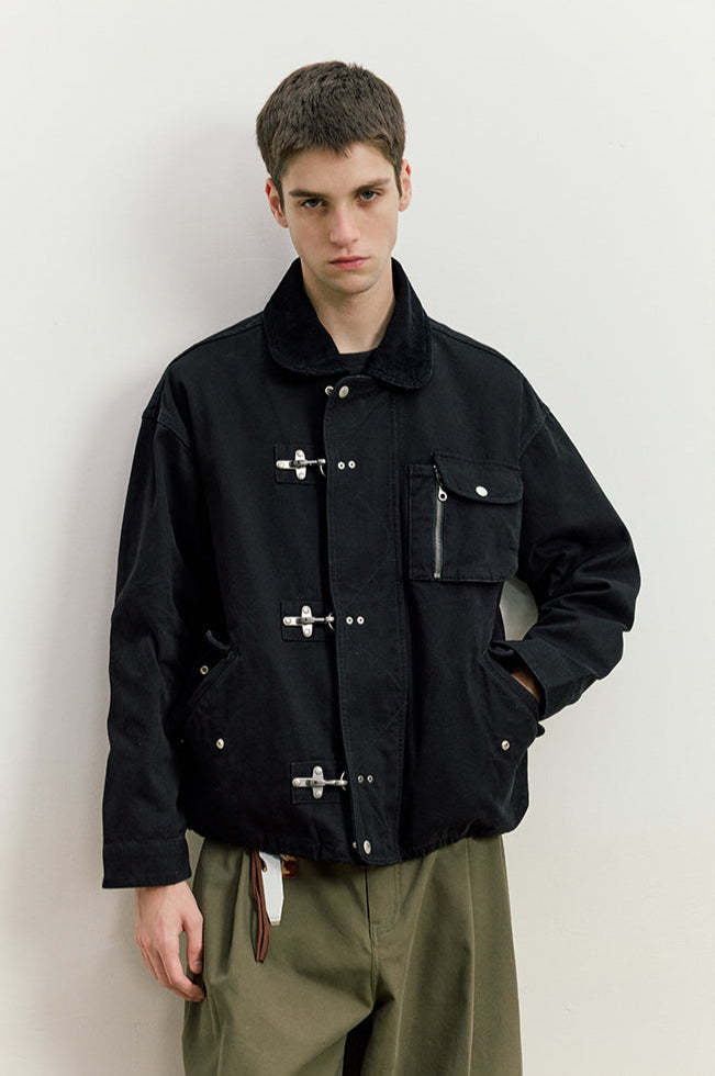 Fireman Clasp Worker Denim Jacket with Patch Pockets