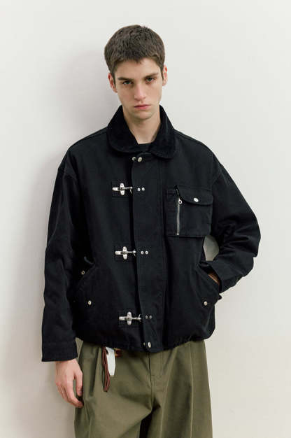 Fireman Clasp Worker Denim Jacket with Patch Pockets