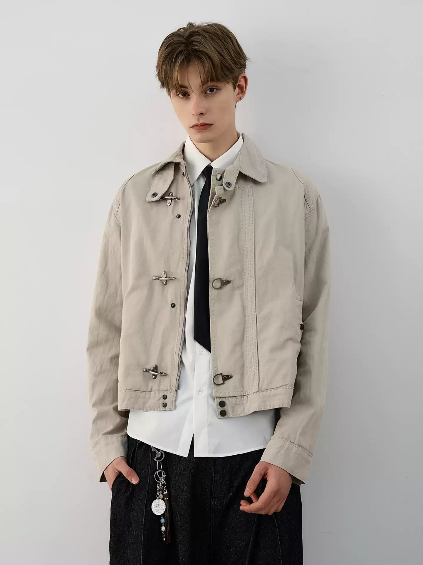 Fireman Clasp Mid-Crop High Collar Worker Jacket