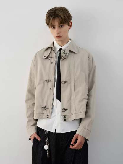 Fireman Clasp Mid-Crop High Collar Worker Jacket