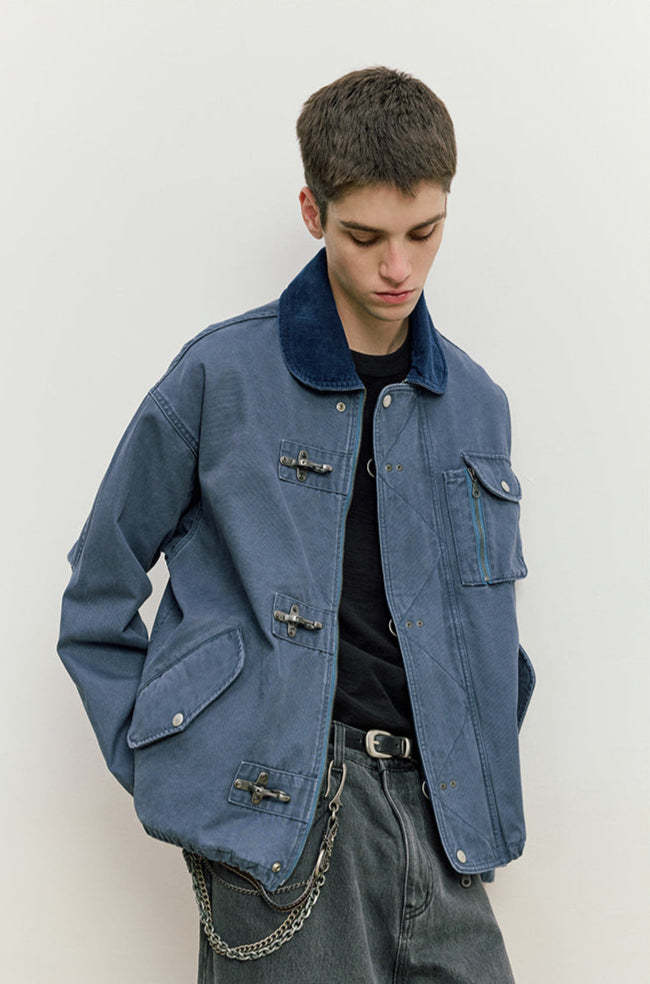 Fireman Clasp Worker Denim Jacket with Patch Pockets