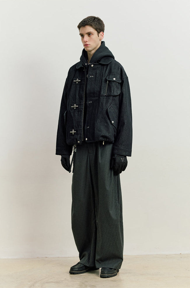 Fireman Clasp Worker Denim Jacket with Patch Pockets