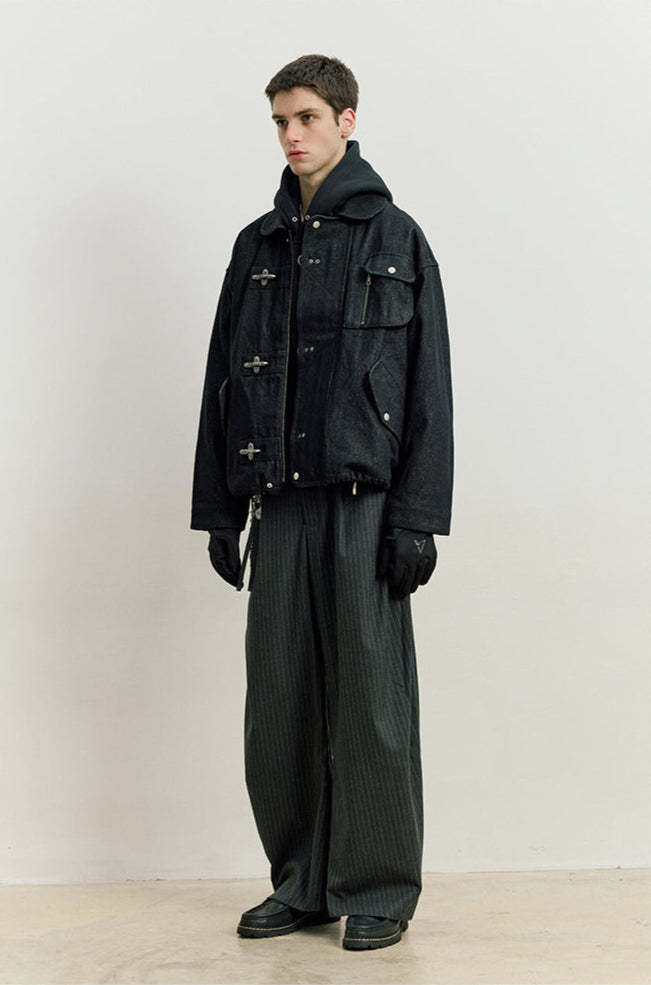 Fireman Clasp Worker Denim Jacket with Patch Pockets