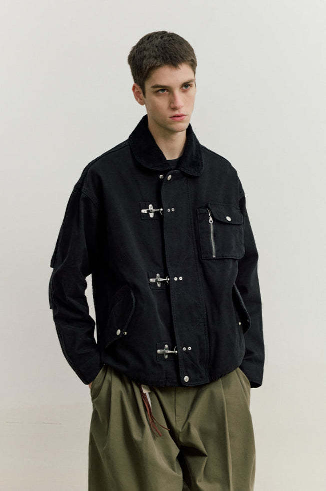 Fireman Clasp Worker Denim Jacket with Patch Pockets