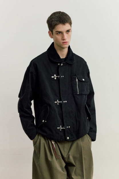 Fireman Clasp Worker Denim Jacket with Patch Pockets