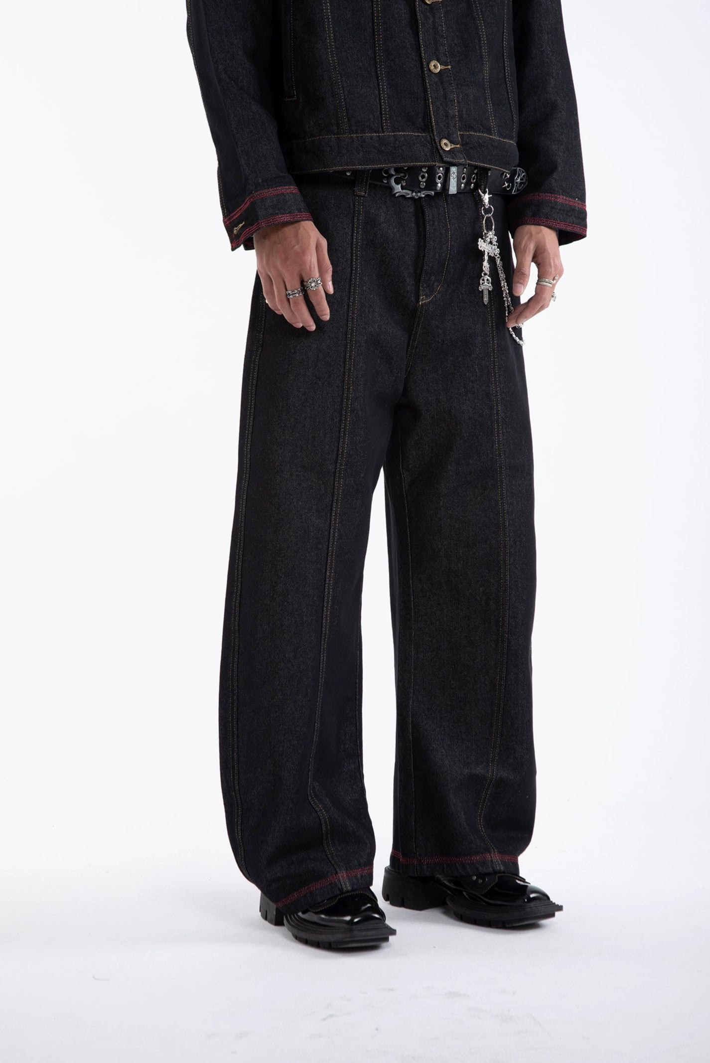 Dark Wash Contrast Stitch Mid Crop Denim Jacket and Wide Leg Jeans Two-Piece Set