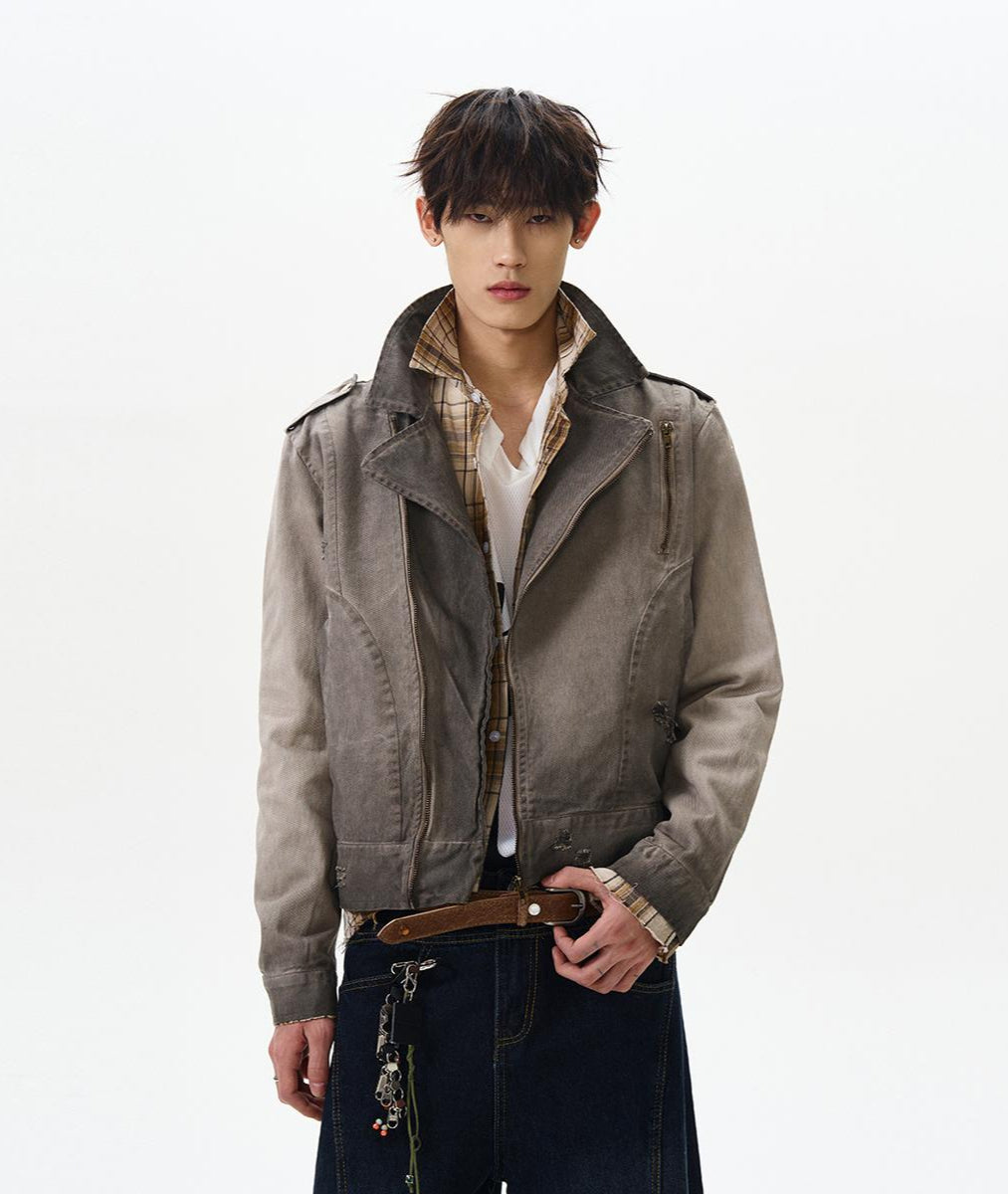 Gradient-Wash Faded Denim Biker Jacket