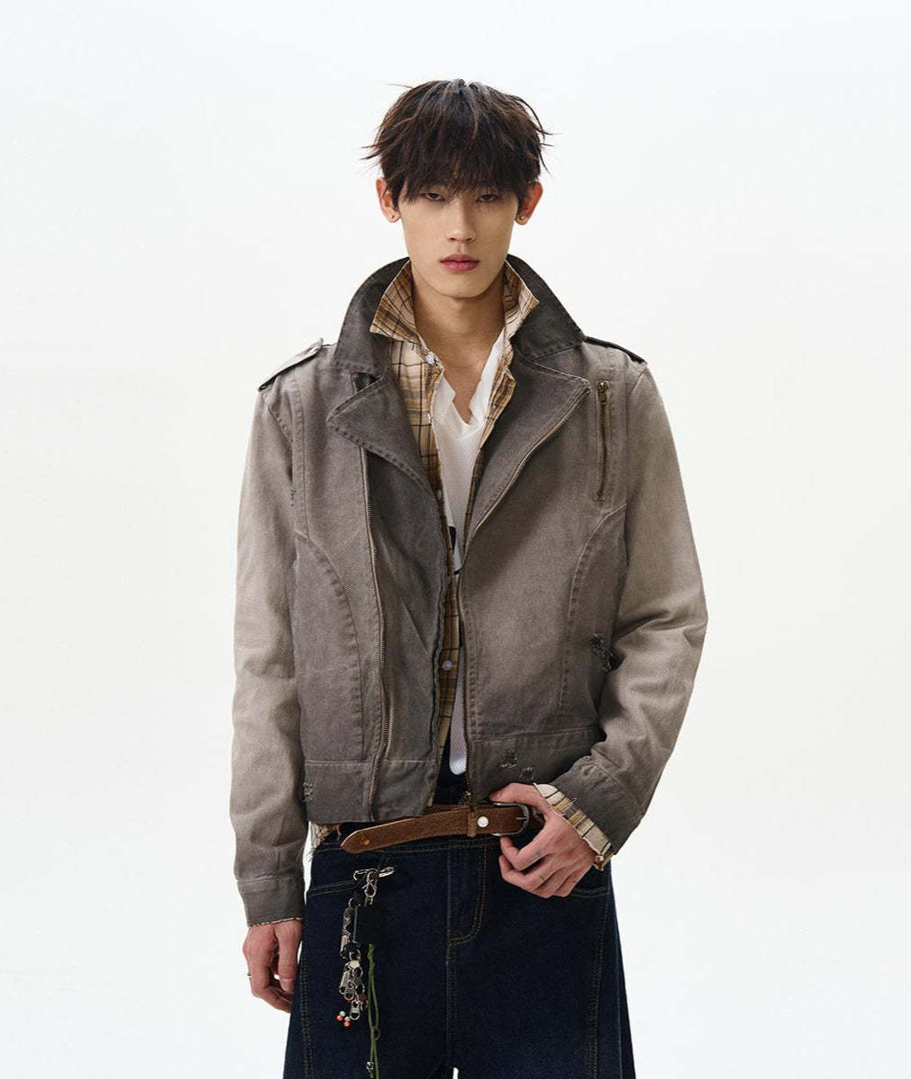 Gradient-Wash Faded Denim Biker Jacket