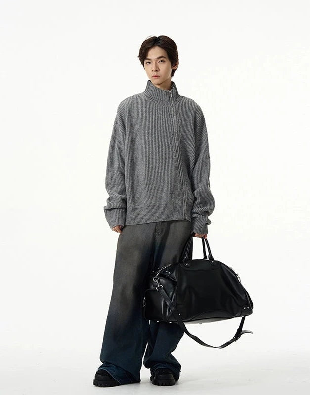 Ribbed Mock Neck Asymmetric Zip Jacket