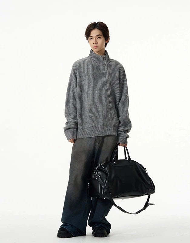 Ribbed Mock Neck Asymmetric Zip Jacket