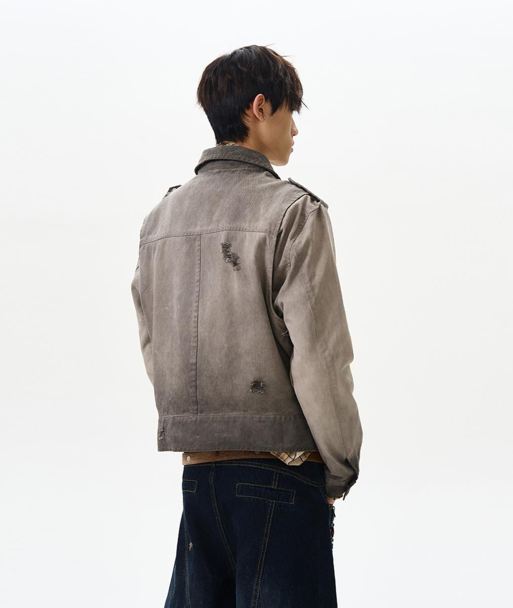Gradient-Wash Faded Denim Biker Jacket