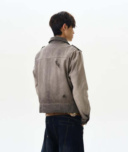 Gradient-Wash Faded Denim Biker Jacket