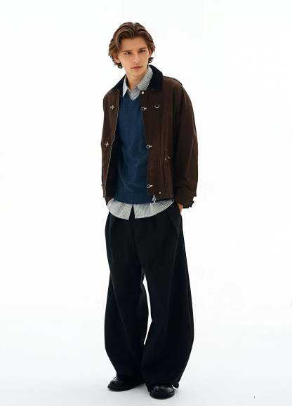 Fireman Buckle Worker Zip Jacket with Contrast Collar