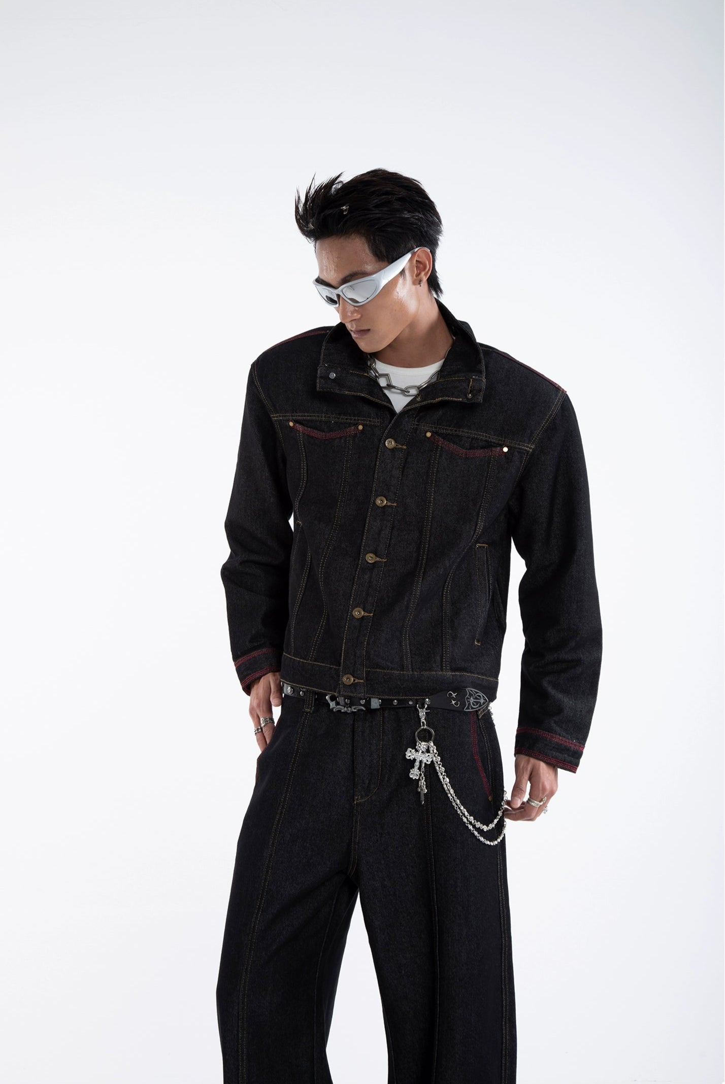 Dark Wash Contrast Stitch Mid Crop Denim Jacket and Wide Leg Jeans Two-Piece Set