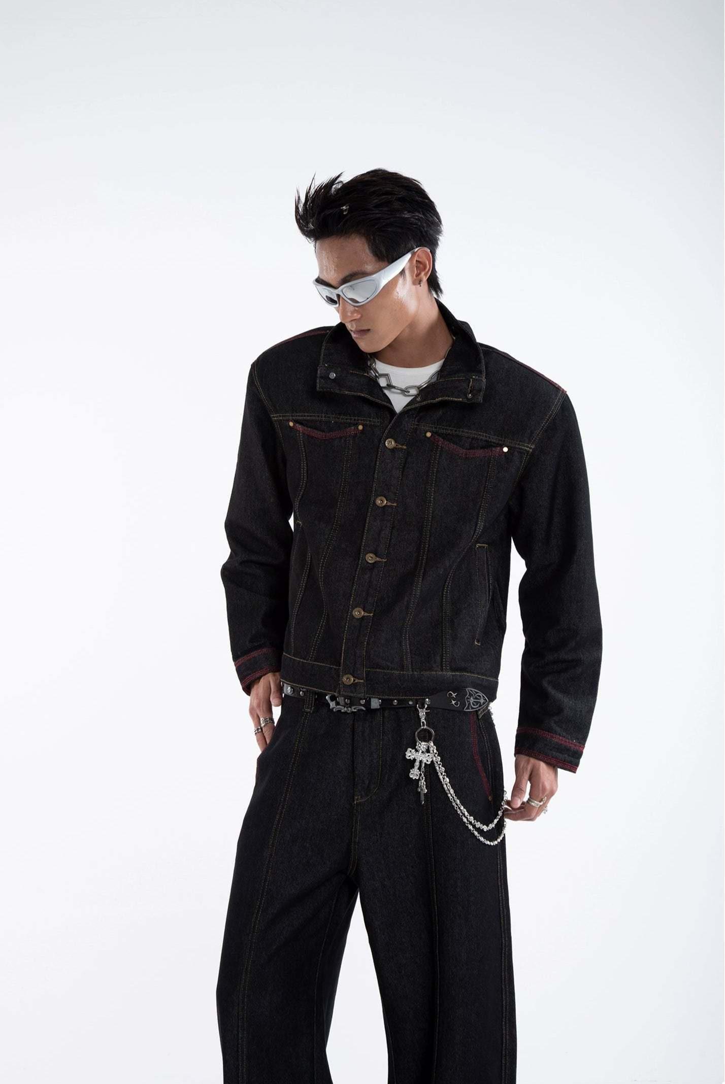 Dark Wash Contrast Stitch Mid Crop Denim Jacket and Wide Leg Jeans Two-Piece Set