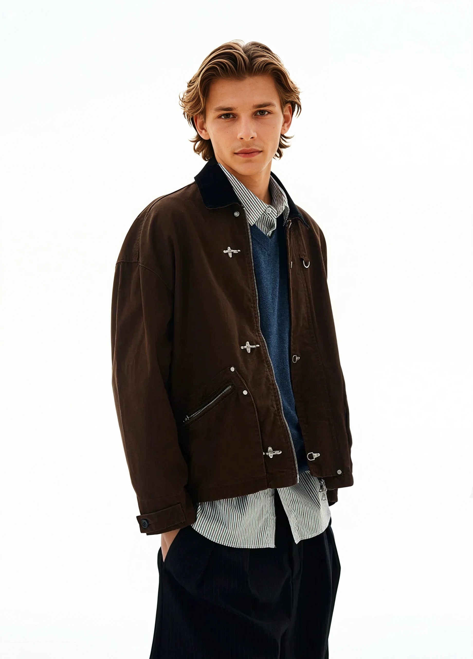 Fireman Buckle Worker Zip Jacket with Contrast Collar