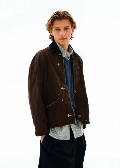 Fireman Buckle Worker Zip Jacket with Contrast Collar